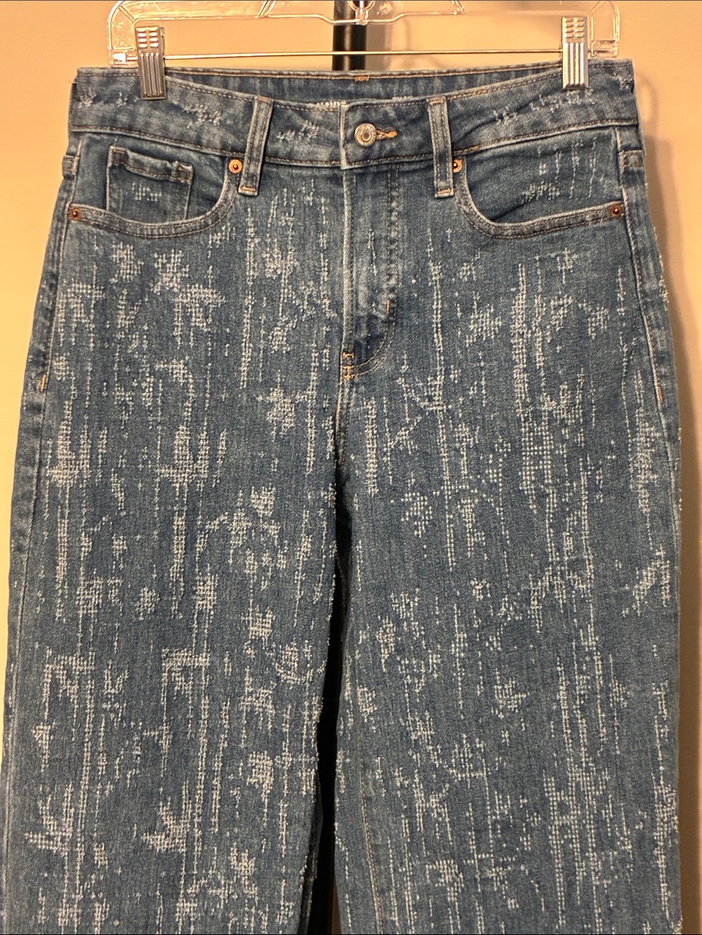 Old Navy High Rise OG Loose Blue Matrix Texture Straight Leg Stretch Jeans Sz 6 - Picture 3 of 7
